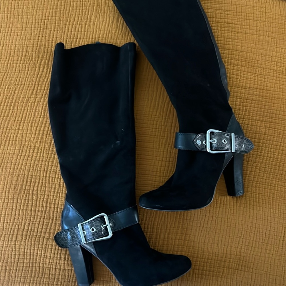 Tall, black suede boots with silver buckle size 9. BCBG
